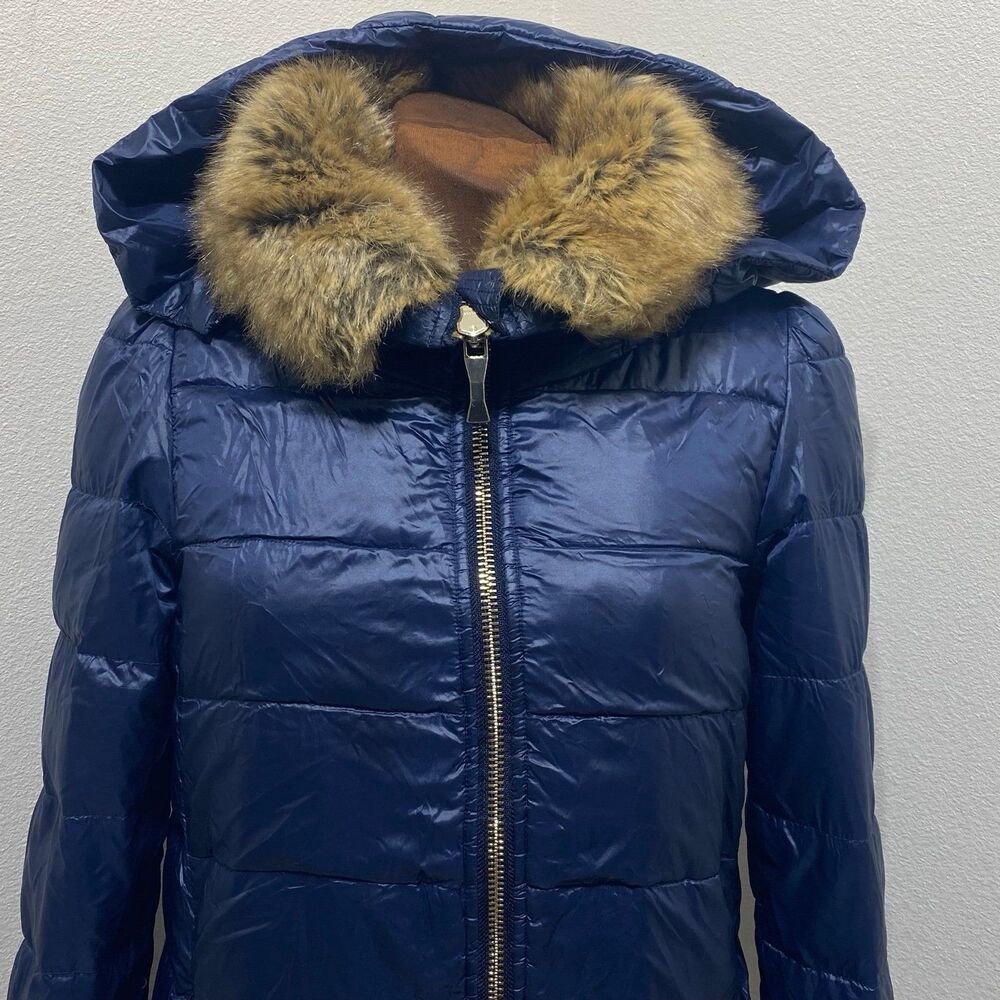 Kate Spade Coat Womens XS Faux Fur-trim Down Puffer Winter Warm Jacket In Navy - Picture 2 of 12